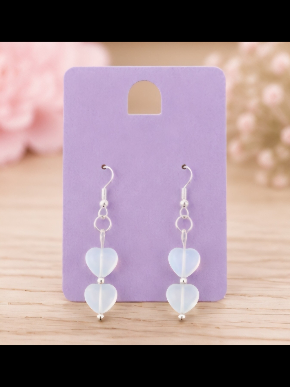 Opalite Heart Drop Earrings - Silver Hooks - White Opalescent Hearts